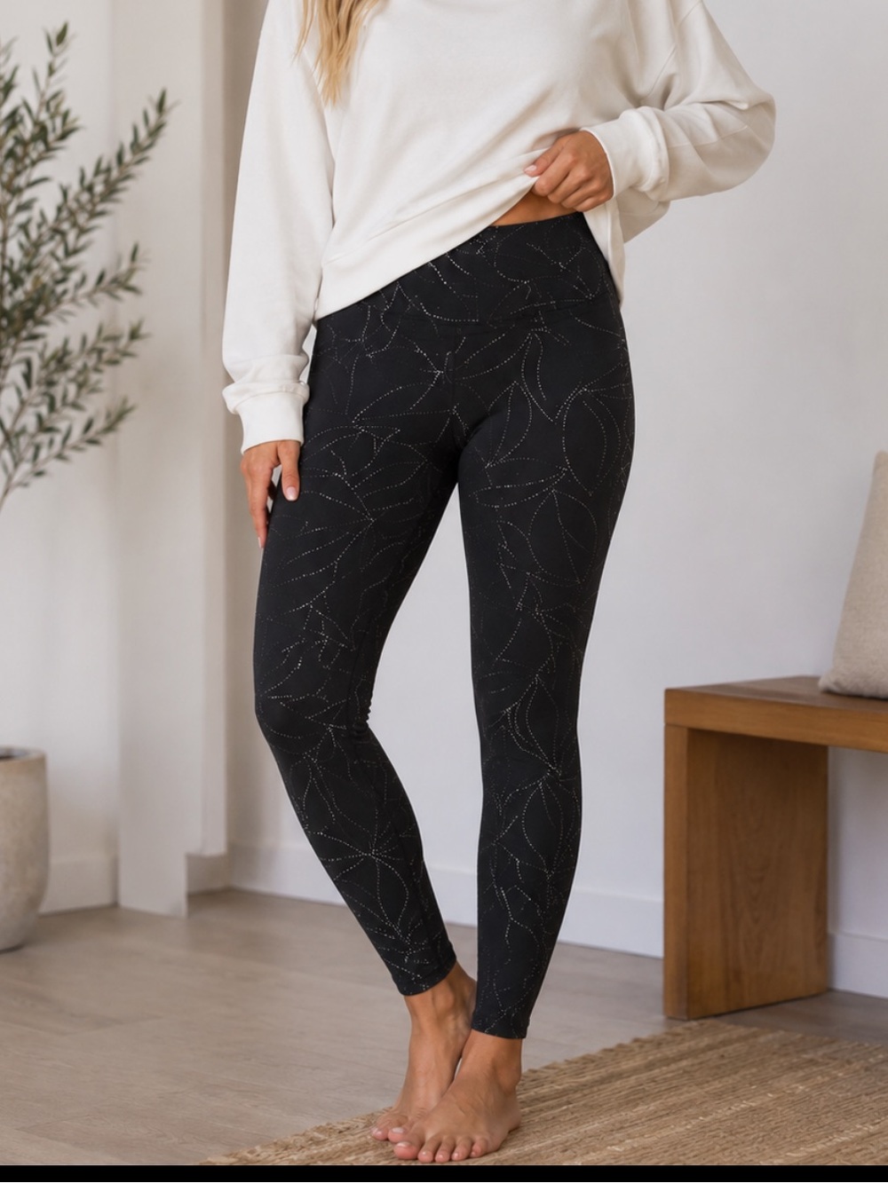 GAIAM High Waisted Leaf Printed Leggings Black Large